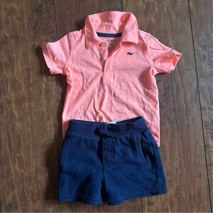 boys summer outfit - blue shorts & bright coral polo - 12 months